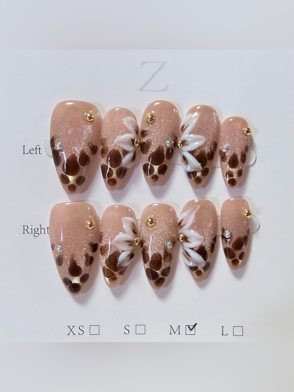 Neutral Pink Floral Press-On Nail Set with Gold Accents